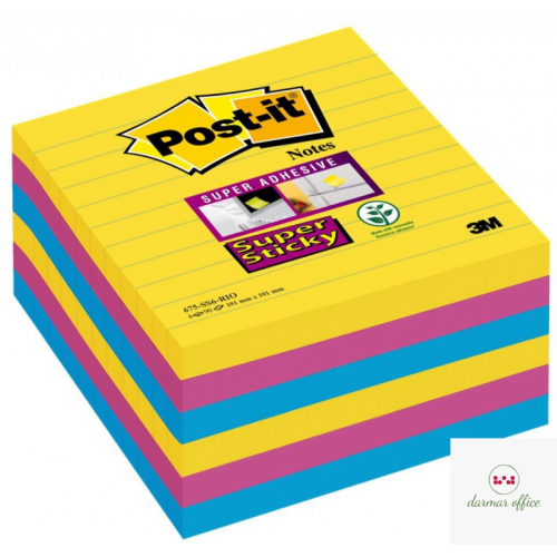 Bloczek samoprzylepny POST-IT Super Sticky w linie (675-SS6RIO-EU), 101x101mm, 6x90 kart., paleta Rio de Janeiro