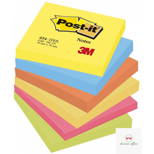 Bloczek samoprzylepny POST-IT (654-TFEN), 76x76mm, 6x100 kart., paleta energetyczna