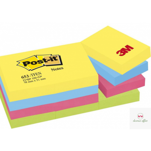 Bloczek samoprzylepny POST-IT (653-TFEN), 38x51mm, 12x100 kart., paleta energetyczna