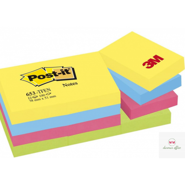 Bloczek samoprzylepny POST-IT (653-TFEN), 38x51mm, 12x100 kart., paleta energetyczna