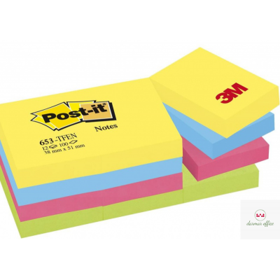 Bloczek samoprzylepny POST-IT (653-TFEN), 38x51mm, 12x100 kart., paleta energetyczna