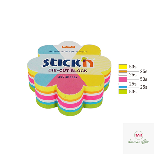 Notes kwiatek, 67x67mm, mix 5 kol. neon+biały, 250kart. Stick"n 21833