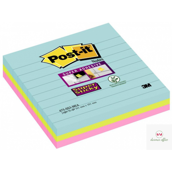 Bloczek samoprzylepny POST-IT_ Super Sticky w linie, (675-SS3-MIA), 101x101mm, 3x70 kart., paleta Miami