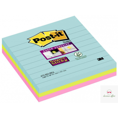 Bloczek samoprzylepny POST-IT_ Super Sticky w linie, (675-SS3-MIA), 101x101mm, 3x70 kart., paleta Miami