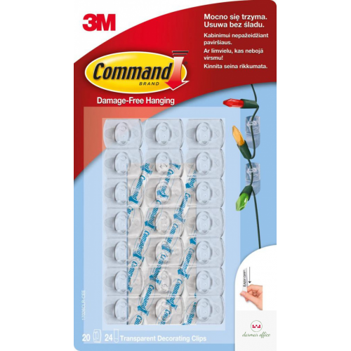 Haczyki Command (17026CLR PL), do wieszania ozdób, 20 haczyków i 24 mini paski, transparentne