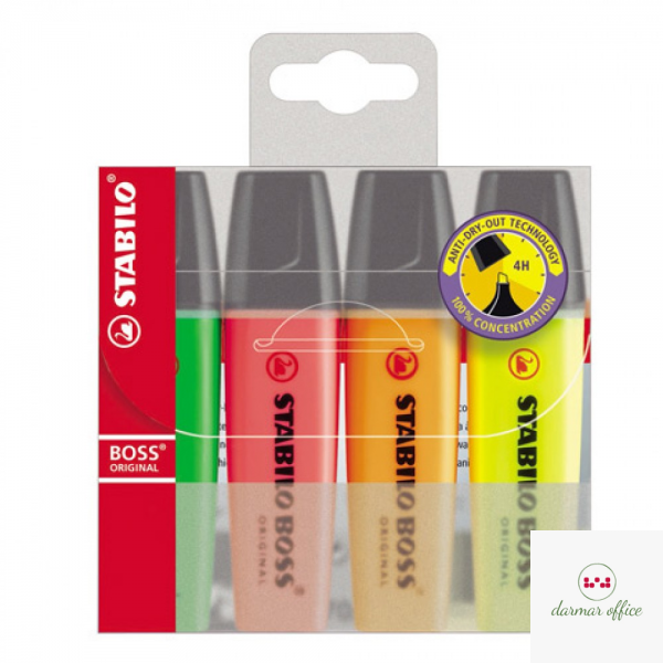 Zakreślacz STABILO BOSS 4szt. w etui z wieszaczkiem 70/4