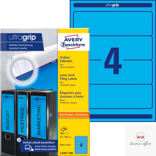 Etykiety na segregatory L4767-100 61x192 100 ark niebieskie, Avery Zweckform