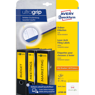 Etykiety na segregatory L4769-20 61 x 192 20 ark żółte, Avery Zweckform