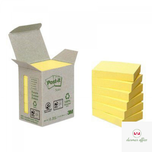 Ekologiczne karteczki samoprzylepne Post-it_ z certyfikatem PEFC Recycled, Żółte, 38x51mm, 6 bloczków po 100 karteczek,