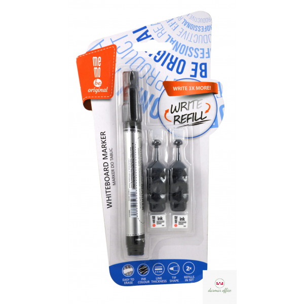 Marker suchościeralny MEMOBE + 2 ampułki z tuszem, okrągła końcówka, czarny MM010-02