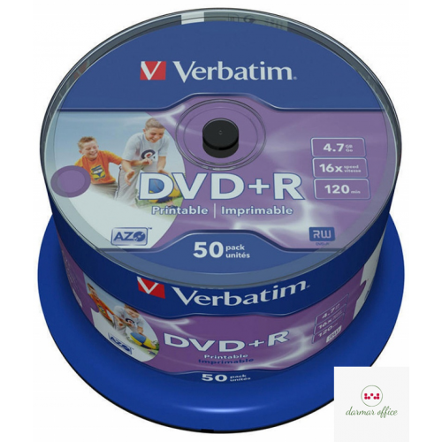 Płyta DVD+R VERBATIM 43512 16x 4,7GB (50)t cake AZO  Wide Inkjet Printable