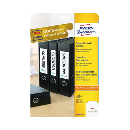 Etykiety na segregatory z okienkami, A4, 25 ark.,/op., 30 x 190 mm, białe, wąskie, AVERY ZWECKFORM, C32266-25