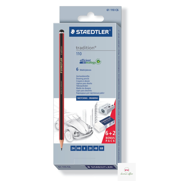 Zestaw ołówków tradition, 6 szt. (2H, HB, B, 2B, 4B, 6B), + gumka + temperówka, Staedtler S 61 110 C6