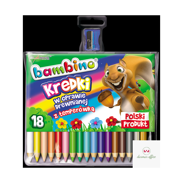 Kredki trójkątne BAMBINO 18 kolorów+temperówka w oprawie drewnianej