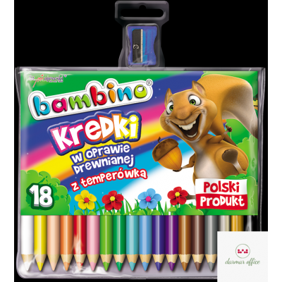 Kredki trójkątne BAMBINO 18 kolorów+temperówka w oprawie drewnianej