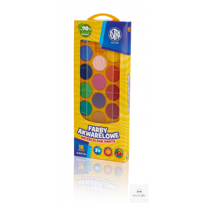 Farby akwarelowe Astra 18 kolorów - fi 23,5 mm w pudełku, 302118003